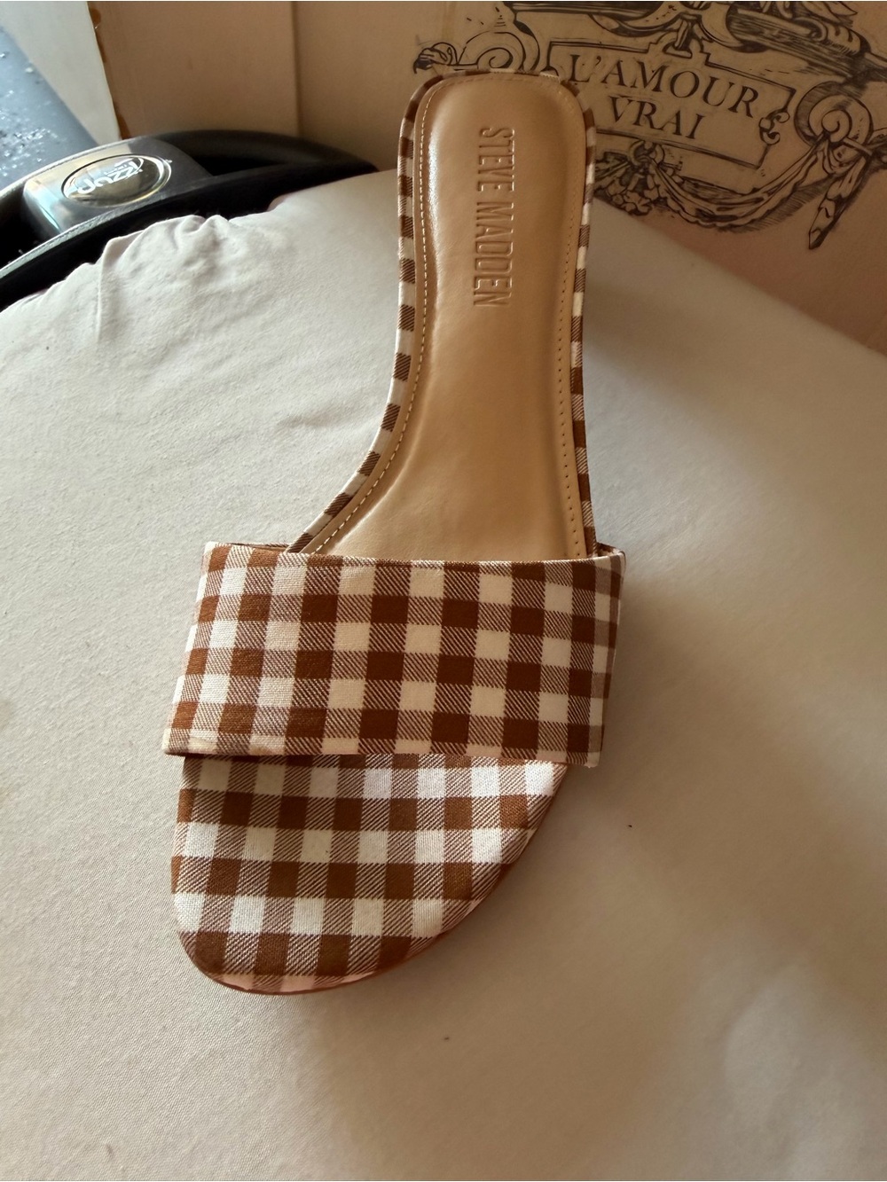 Steve Madden Brown and White Gingham Slide Mule